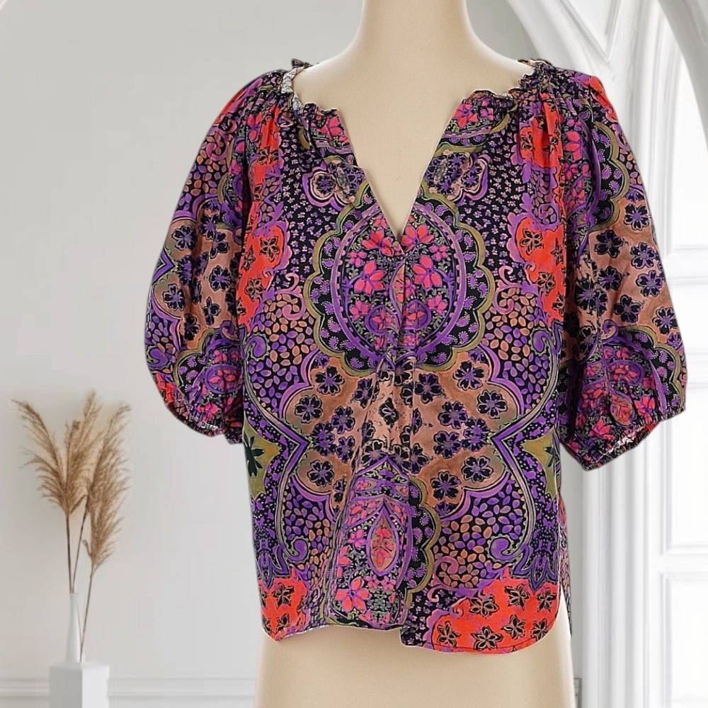 Xirena Jules Black Opal Printed Cotton Blouse Puff‎ Sleeves Womens S Boho